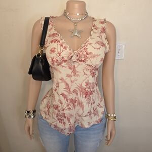 ☆Express Cream and Dusty Rose Floral Ruffle V-Neck Tank☆